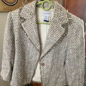 J.G.Hook, patterned, multi-color jacket, lined, frayed edges, single button